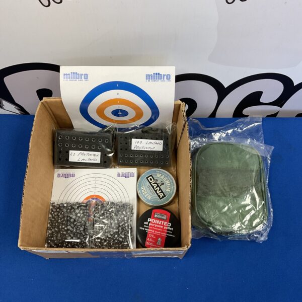 Vintage box of rifle pellets and lanyard protectors for airguns.