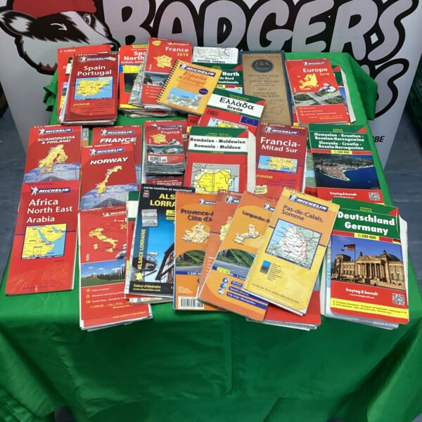 Collection of vintage Michelin road maps for European travel.