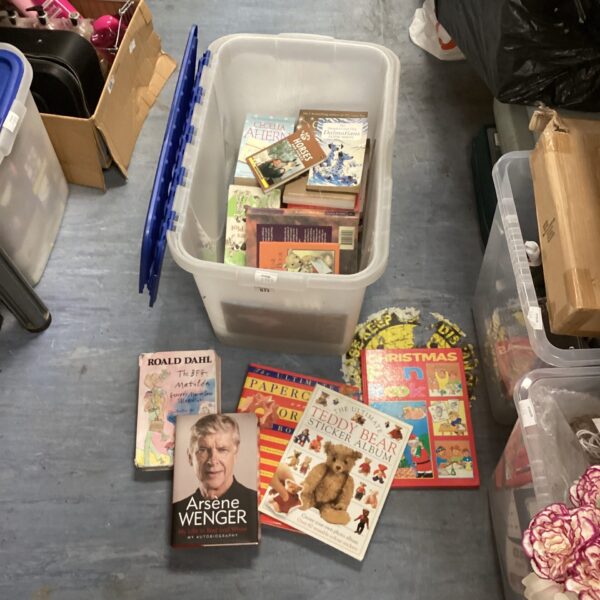 A box filled with a collection of Roald Dahl and other children's books.