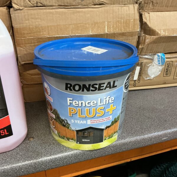 Ronseal 5-litre garden fence paint container for wood protection.