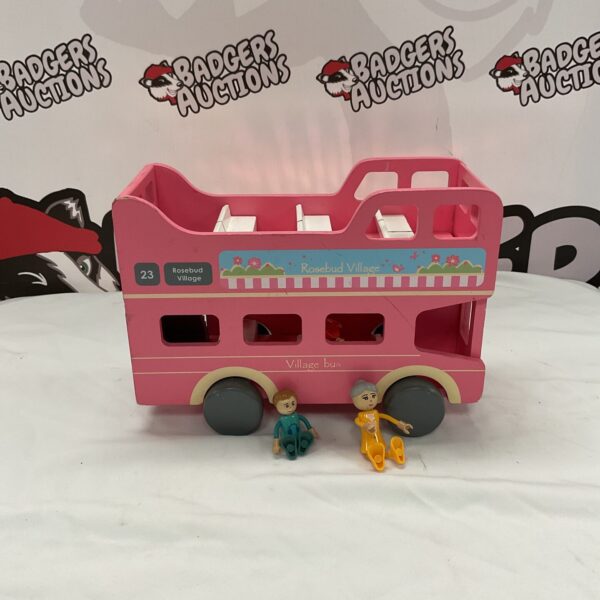 Pink Rosebud Village wooden bus, vintage toy collectible.