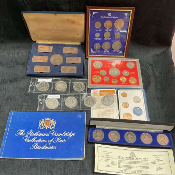 Rothmans Cambridge collection of rare banknotes and vintage British coins.
