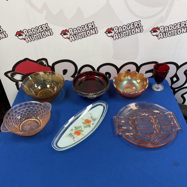 Vintage ruby glass bowl and coloured glass collection.