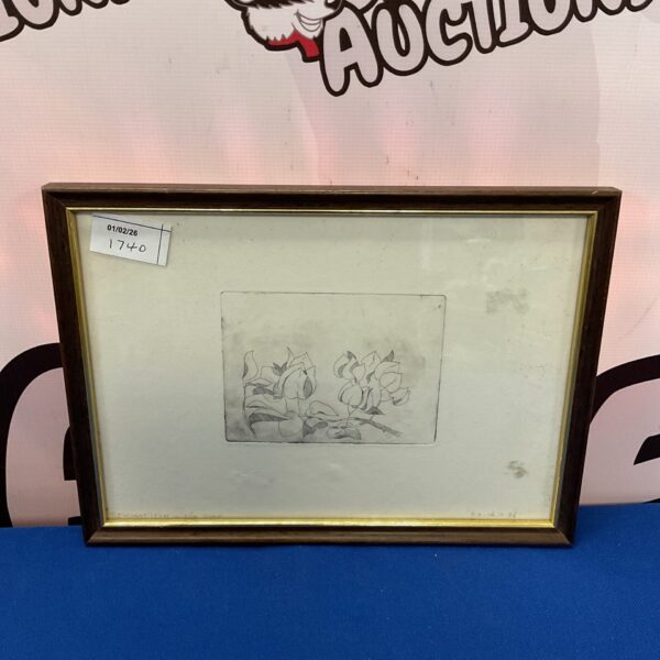 Antique Russian floral etching signed and dated, detailed artwork.