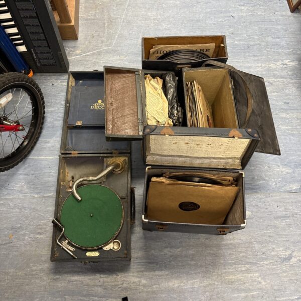 Vintage Salon Decca gramophone with a bundle of mixed records.