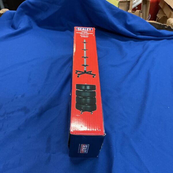 Sealey wheel storage trolley in original packaging, side view.