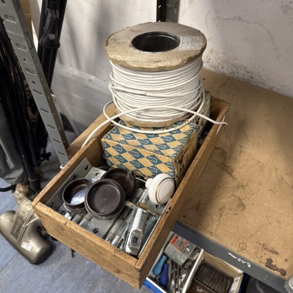Mixed shed clearance lot with telecom cable and hinges.