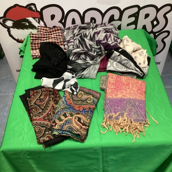 Colourful silk scarves bundle with Imari patterns and assorted designs.