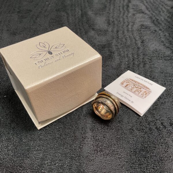 Silver energy stone ring with spinning bands.