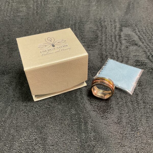 Silver energy stone ring with two spinning bands.