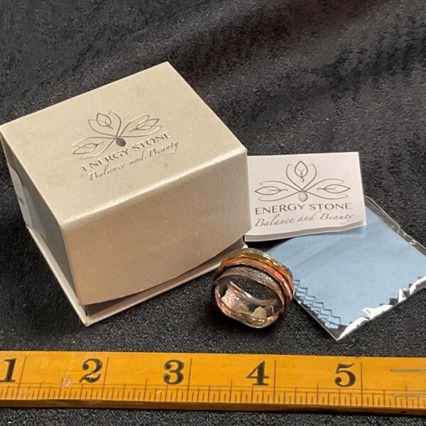 Silver energy stone ring size V with patterned design.