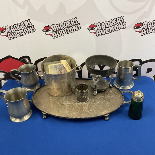 Vintage silver plate tray with hammered ice bucket and pewter tankards.