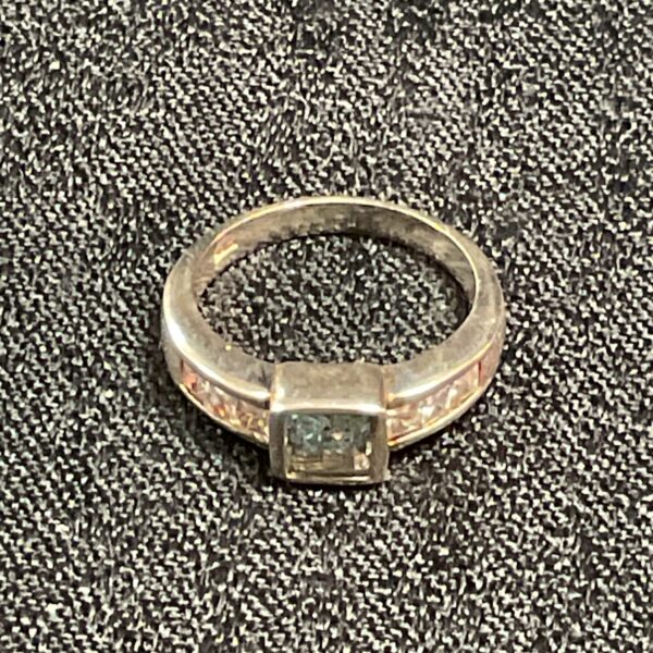 Silver ring with rectangular topaz gemstone, size N.