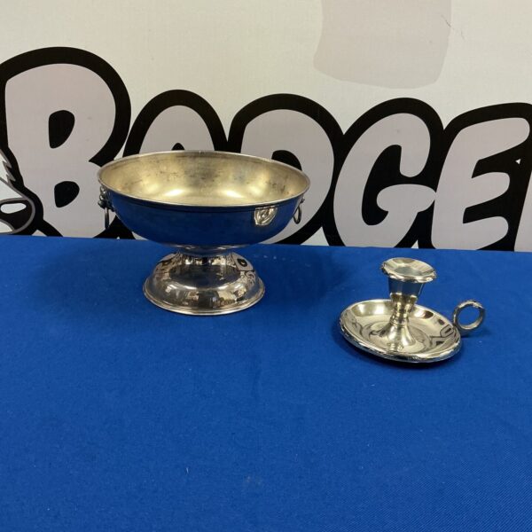 Vintage silverplate ice bucket and candle holder set for home bar.