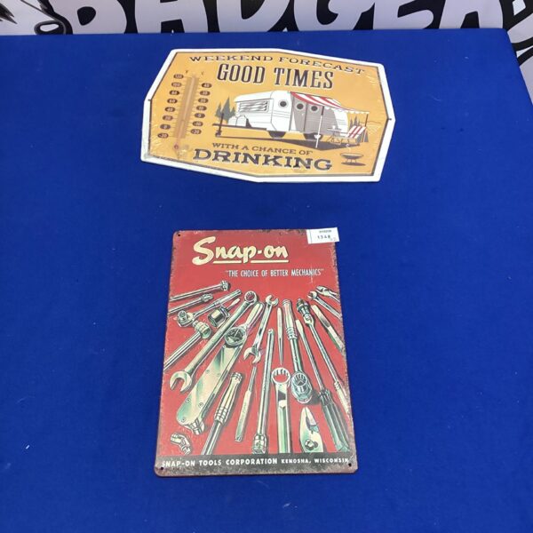 Vintage style Snap On Weekend Forecast sign for garage decor.