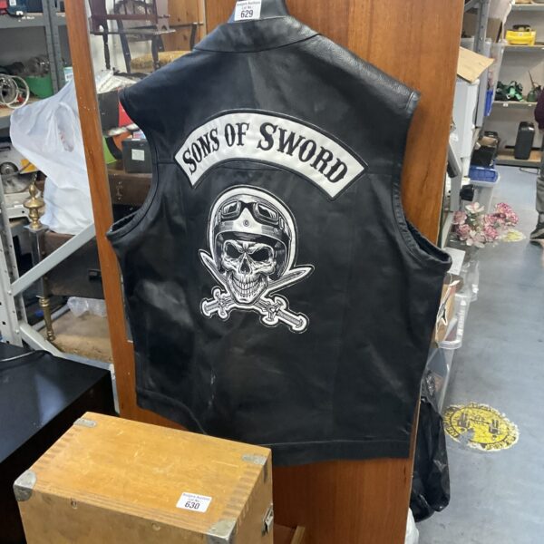 Sons of Sword leather waistcoat size L, detailed biker style.