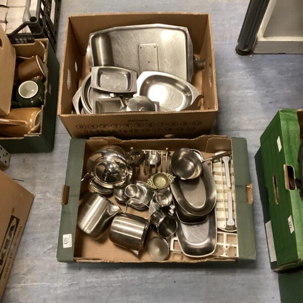 Lot of vintage stainless steel tableware including teapots and trays.