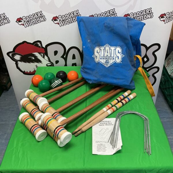 Vintage Stats croquet set with mallets and balls for garden games.
