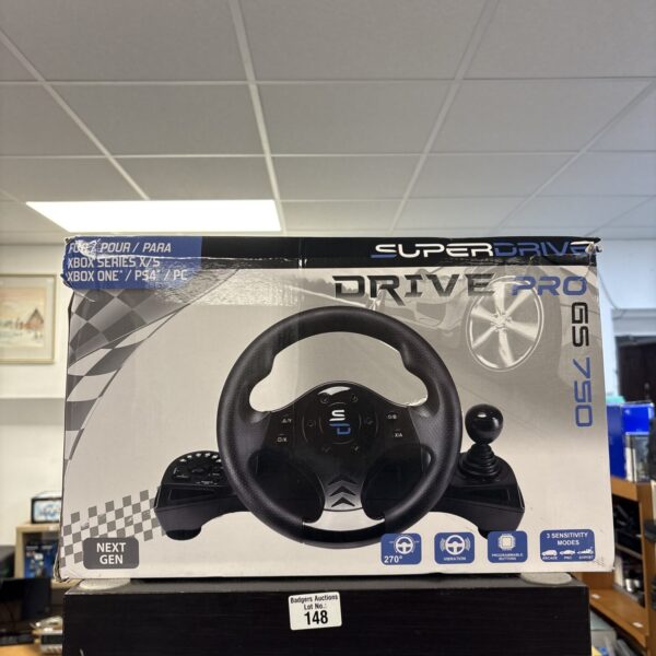 SuperDrive Drive Pro GS 760 gaming steering wheel in original packaging.