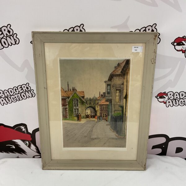 Coloured etching by Tatton Winter of a Salisbury street scene.