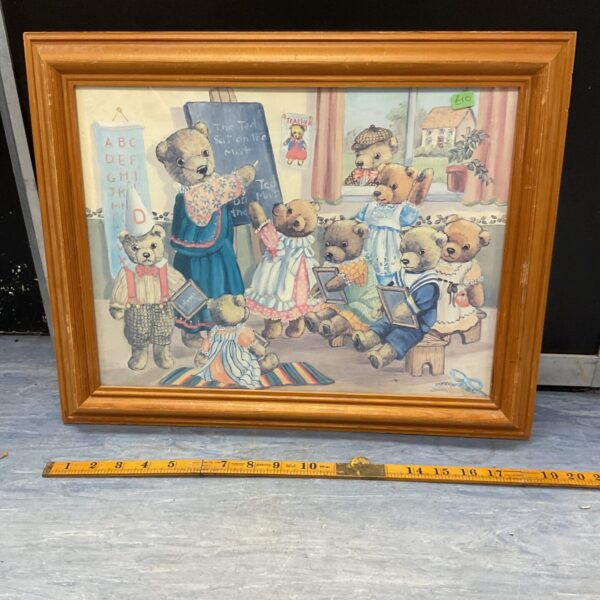Vintage framed print of teddy bears at school.