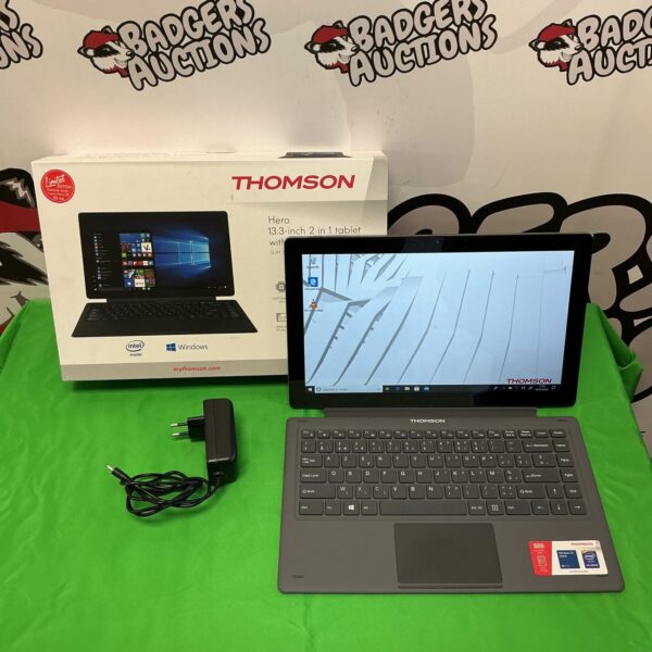 Thomson Hero 2 in 1 tablet running Windows 10, touchscreen display.