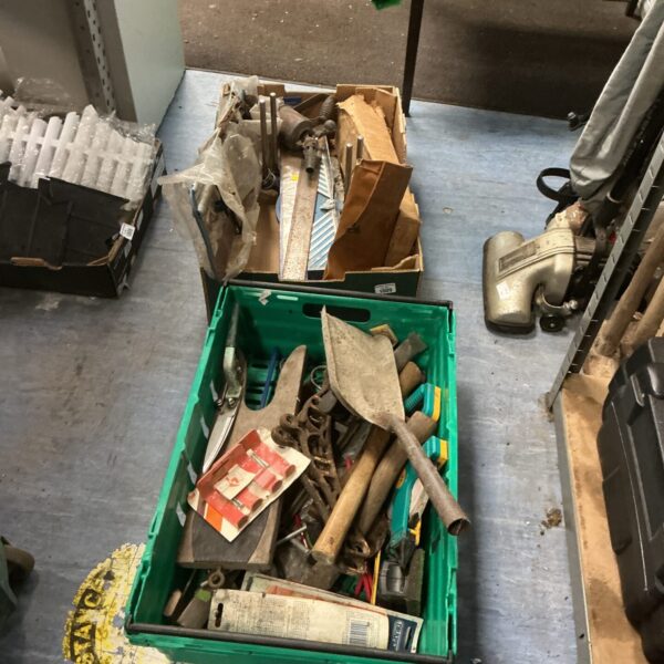 Tray of vintage hand tools, including wrenches and screwdrivers.