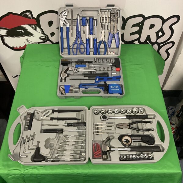Unbranded tool sets in plastic carrying cases, workshop tools.