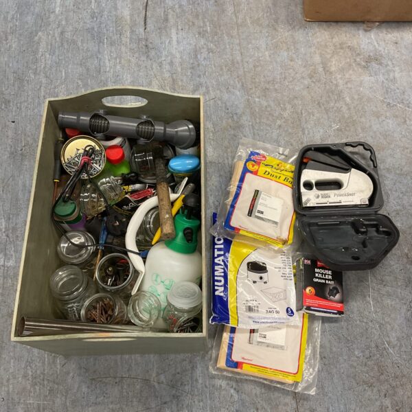 Mixed lot of tools and hardware with Henry Hoover bags.
