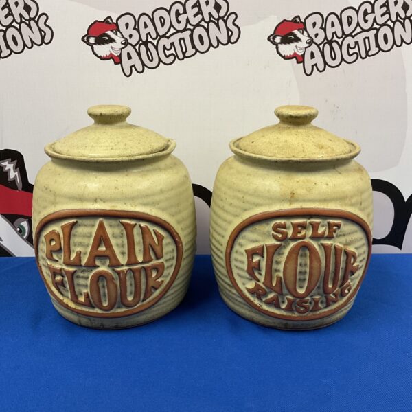 Vintage Tremar stoneware jars labelled ‘Plain’ and ‘Self Raising’ flour.