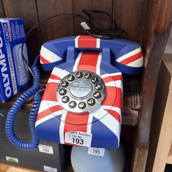 Vintage Union Jack rotary telephone, retro British design.
