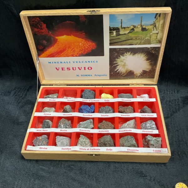 Boxed collection of volcanic minerals from Mount Vesuvius, Italy.