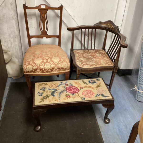 Antique Victorian mahogany chairs and tapestry stool lot for collectors.