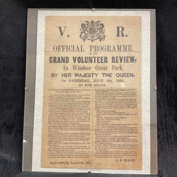 Victorian program for the 1881 Windsor Great Park volunteer review.