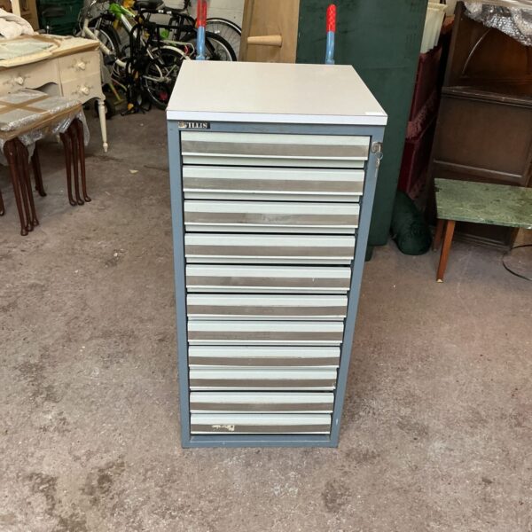 Vintage Villi’s metal storage cabinet with multiple drawers.