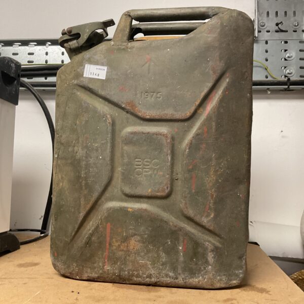 Vintage 1975 British Army Jerry Can, metal fuel storage.
