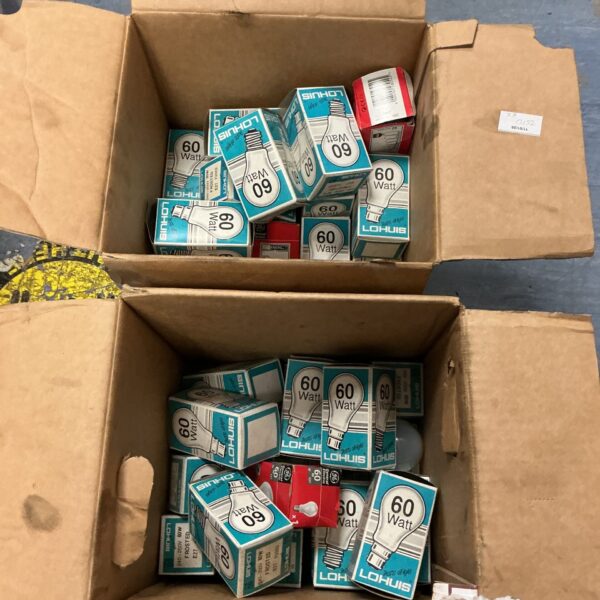 Vintage 60-watt light bulbs in original cardboard boxes.