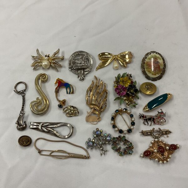 Assortment of vintage brooches and pins, including a spider brooch.