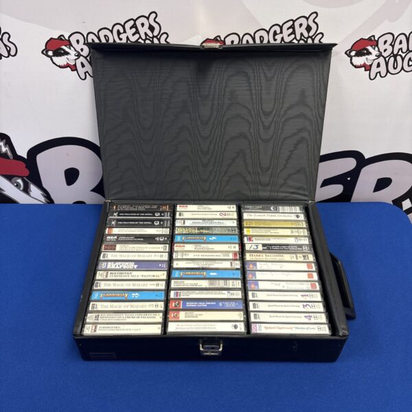 Vintage cassette case with music cassette inside, retro audio collectible.