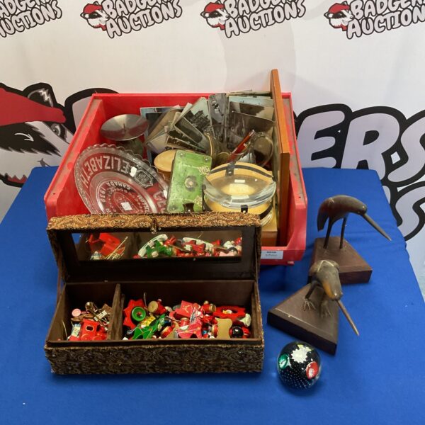 Mixed lot of vintage collectibles including postcards and carved birds.