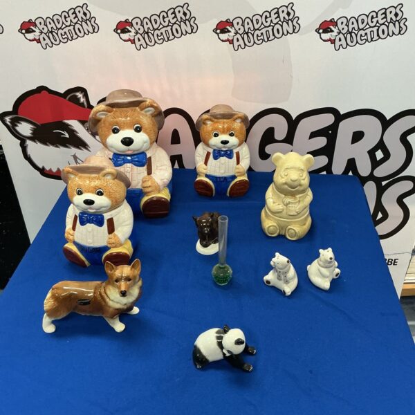 Vintage ceramic cookie jars collection featuring animal designs.