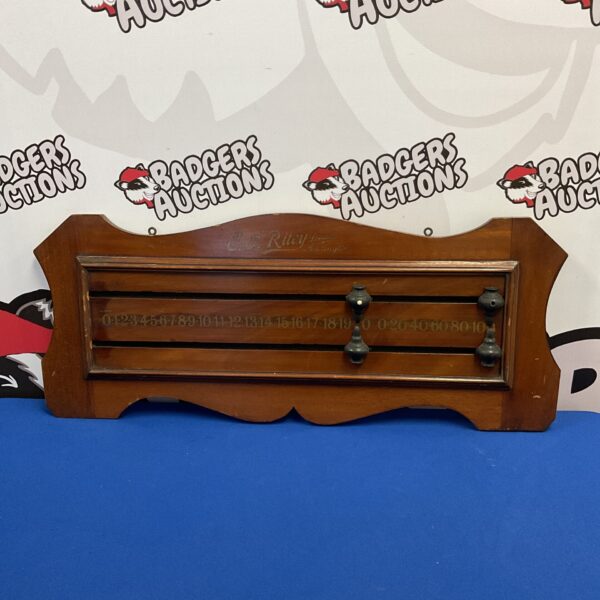 Vintage E J Riley oak snooker scoreboard for billiards games.