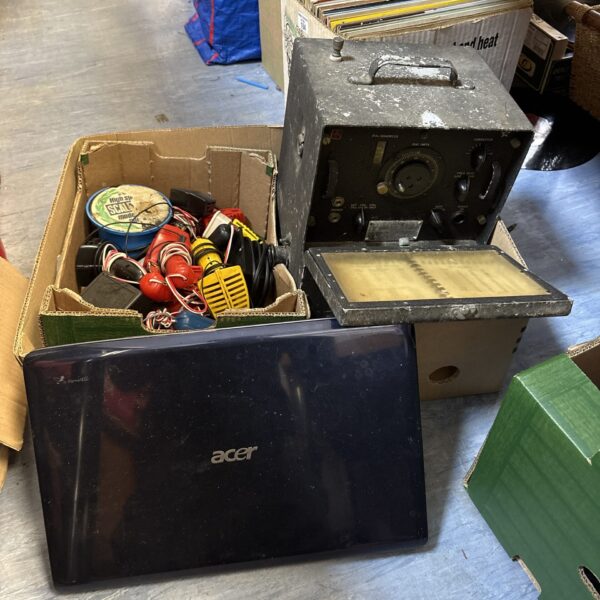 Vintage BC-221-Q frequency meter with laptop and Scalextric accessories.
