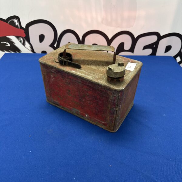 Vintage metal fuel can with brass cap, collectible petroliana.