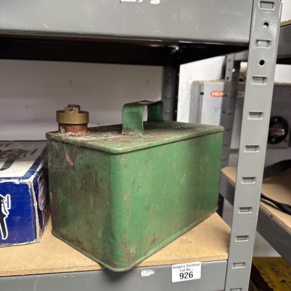 Small vintage fuel can with brass cap, collectible petrol can.