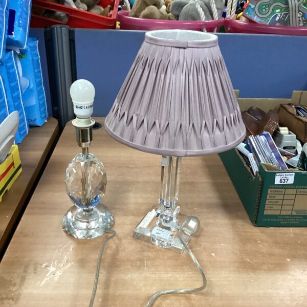Pair of vintage glass table lamps with pink shades.