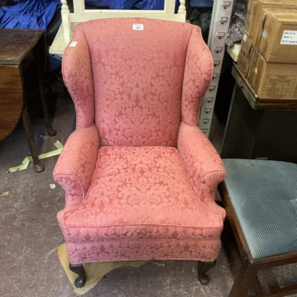 Patterned vintage high back chair, retro armchair.