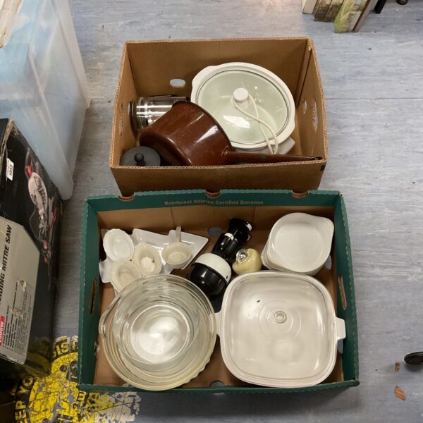 Vintage kitchenware lot with enamel pan and Homepride Man figurine.