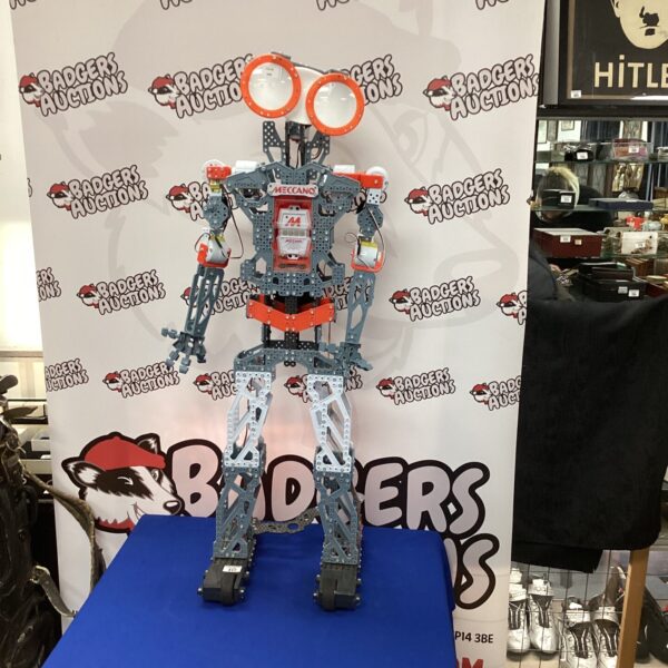 Vintage Meccano robot construction toy on display.