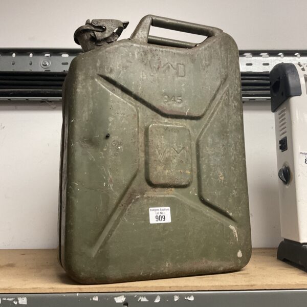 Vintage military jerry can with crows foot marking for collectors.